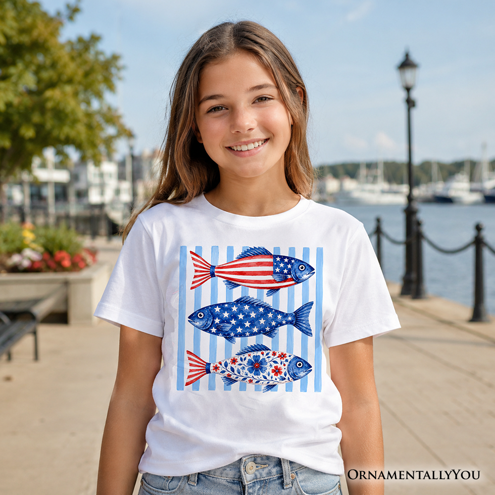 Patriotic Fish Striped T-Shirt for Kids - 4th of July Beach Youth Tee