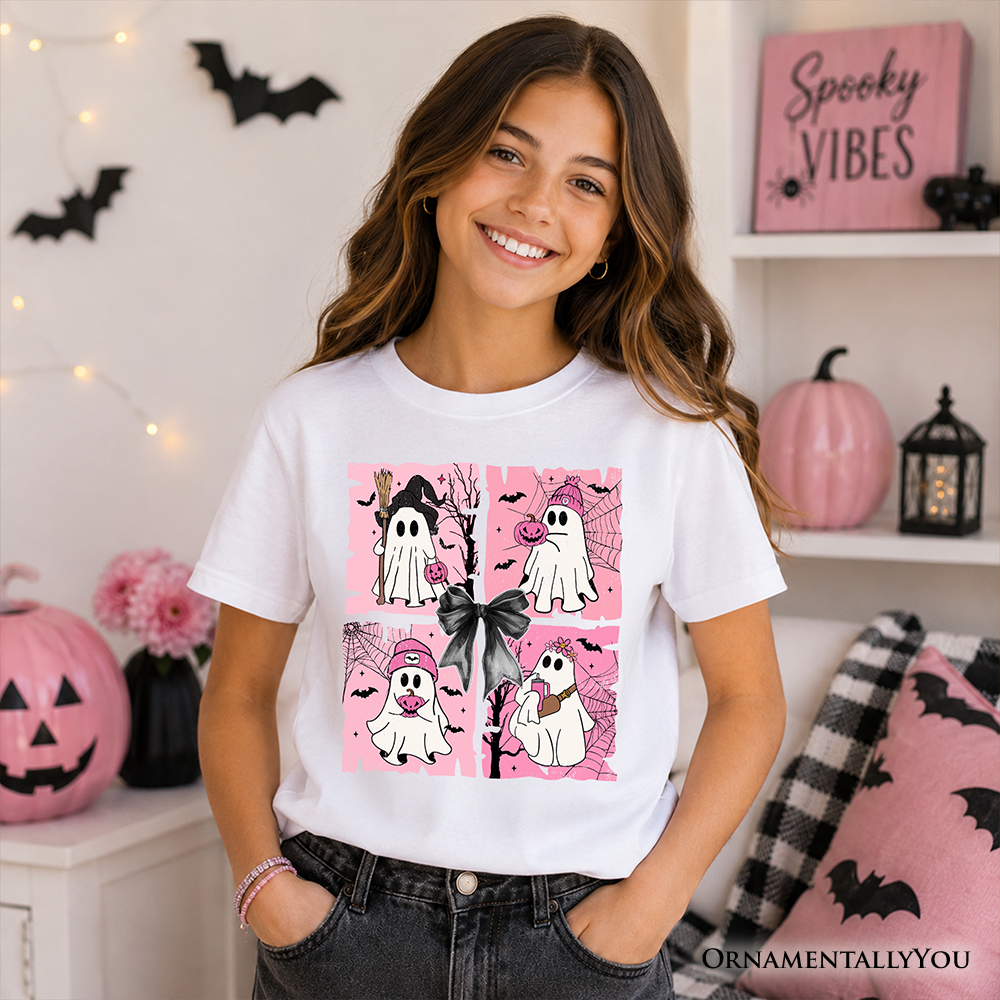 Kids Pink Halloween Ghost T-Shirt, Coquette Spooky Season Tee