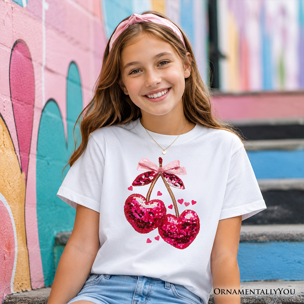Kids Pink Cherry Heart Valentine T-Shirt, Sequin Coquette Tee