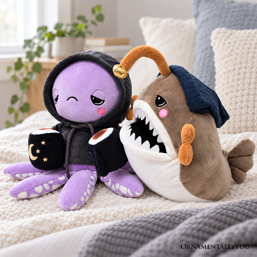 Lumi Anglerfish and Inky Octopus Plush Set, 9.7" Deep Sea Stuffed Animal Friends with Cocoa Mugs