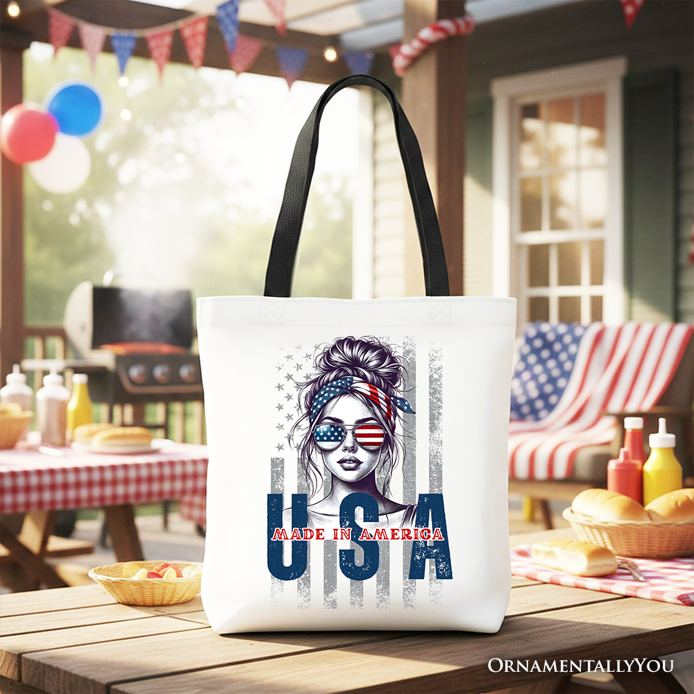 Messy Bun Patriotic Tote Bag Retro 4th of July White Shopper