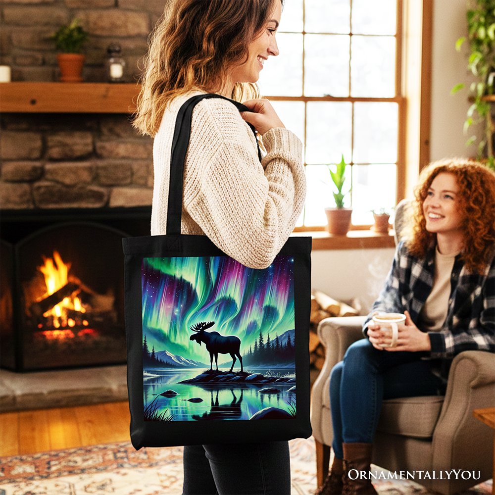 Majestic Moose Northern Lights Canvas Tote Bag Nature Art