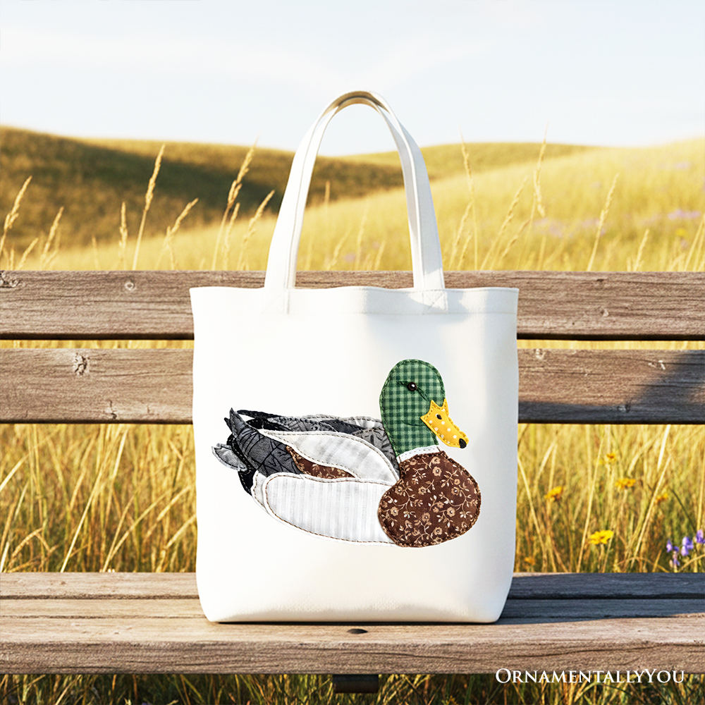 Mallard Duck Patchwork Cotton Tote Bag, Earth Tone Shopper