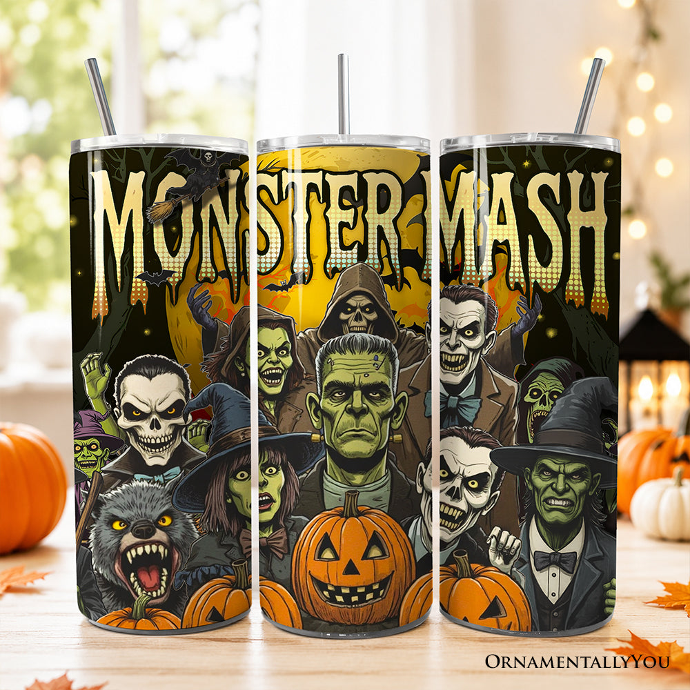 Retro Monster Mash horror themed 20oz stainless steel tumbler with metal straw