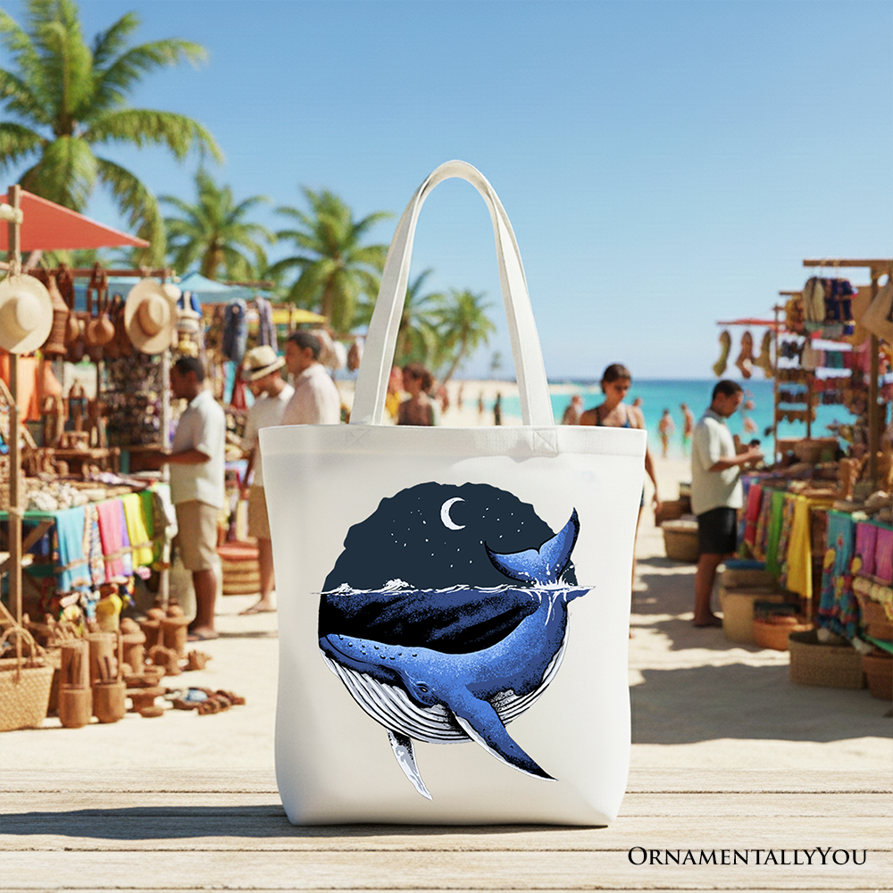 Moonlit Whale Vintage Tote Bag, Retro Night Ocean Graphic Shopper