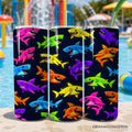 20oz stainless steel travel tumbler featuring a colorful neon cartoon shark pattern with a straw and lid.