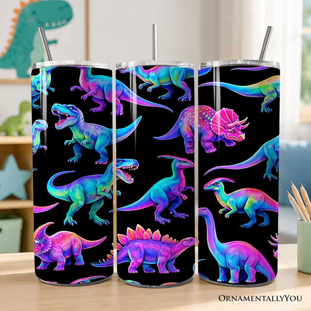 Neon dinosaur pattern 20oz stainless steel tumbler with stainless steel straw