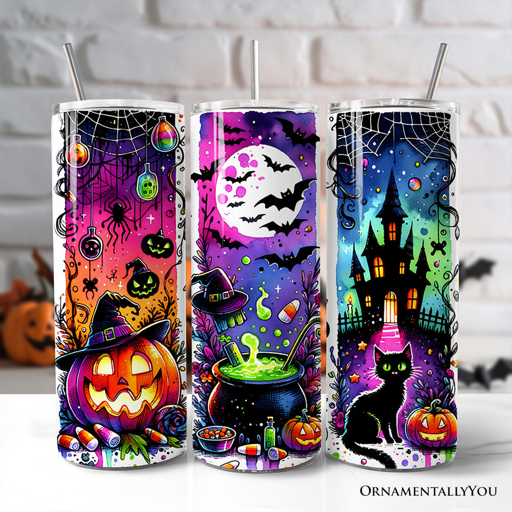Neon Halloween witch scene 20oz stainless steel tumbler with matching stainless steel straw