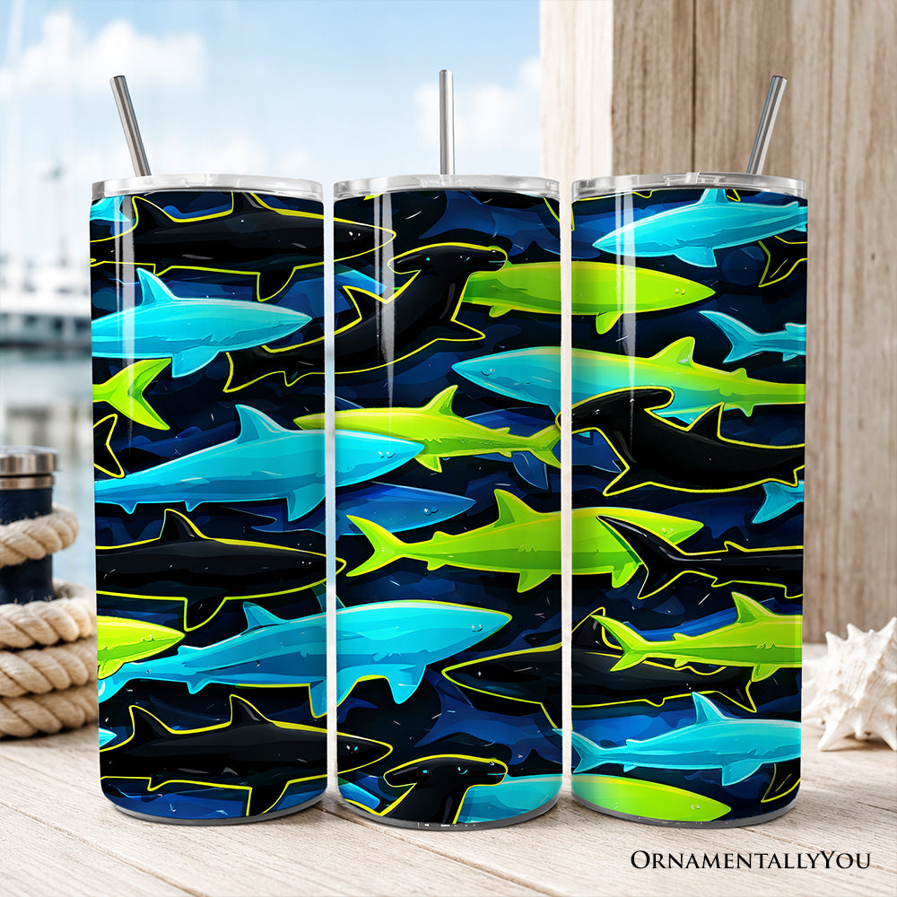 20oz stainless steel tumbler with neon green and blue shark camo pattern on a dark background