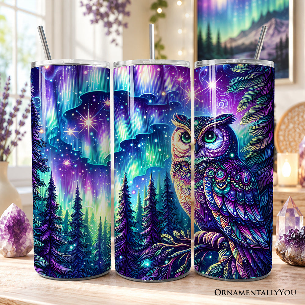 20oz stainless steel travel tumbler with magical Northern Lights and owl design