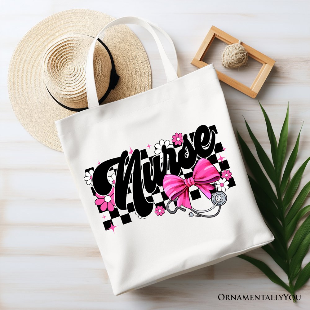 Floral Nurse Tote Bag with Pink Bow and Stethoscope Print