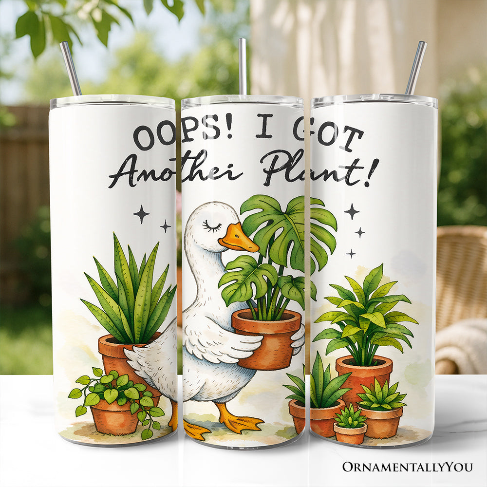 Oops I Got Another Plant botanical print on a white, green, and orange 20oz stainless steel tumbler with straw