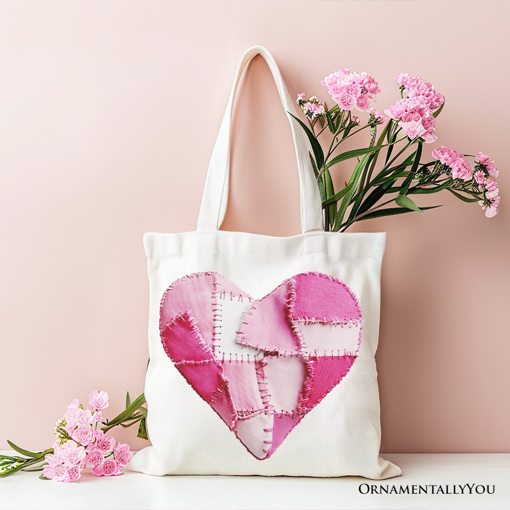 Patchwork Pink Heart Canvas Tote Bag Vintage Coquette Gift