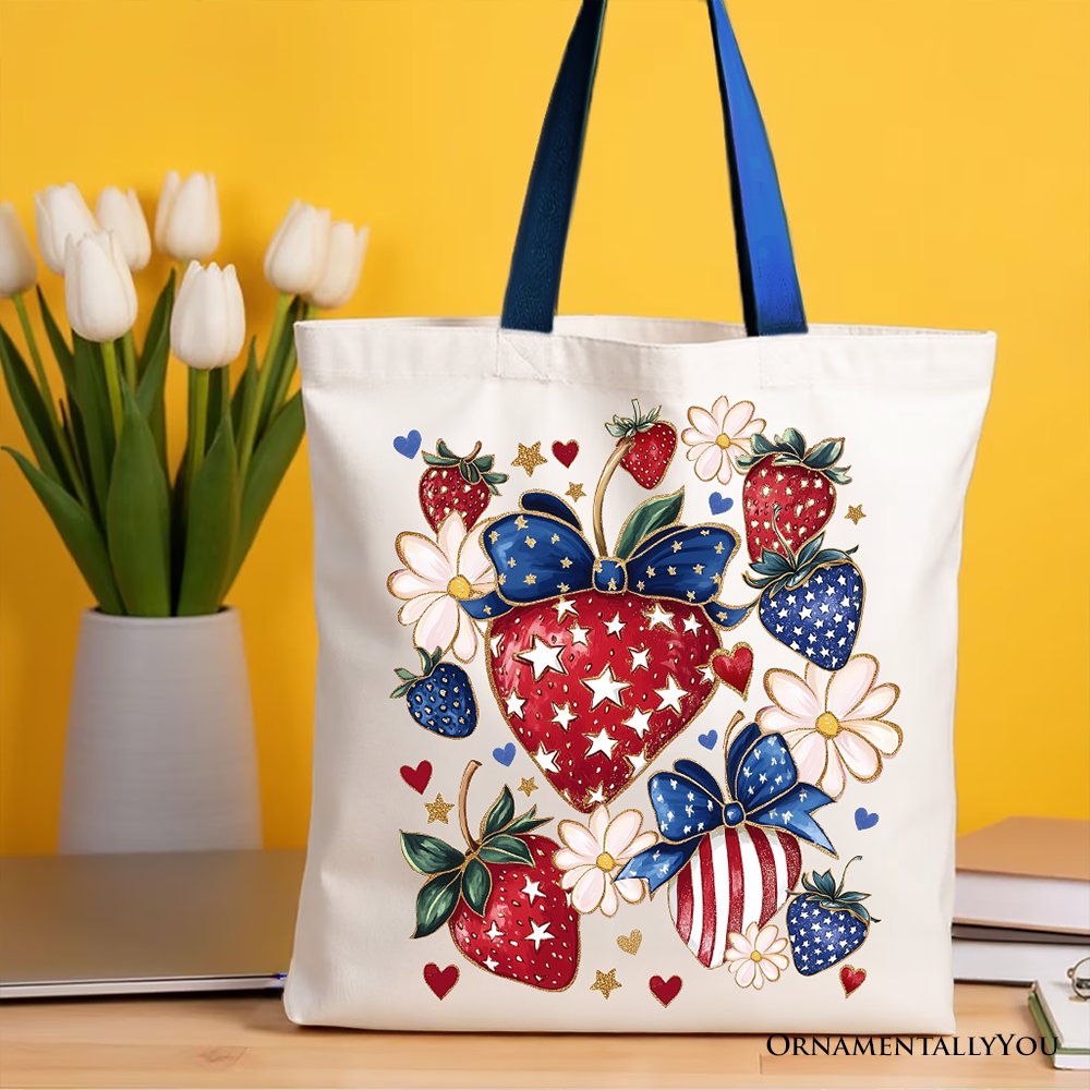 Patriotic Strawberry Floral Canvas Tote, Festive Boho Shopper