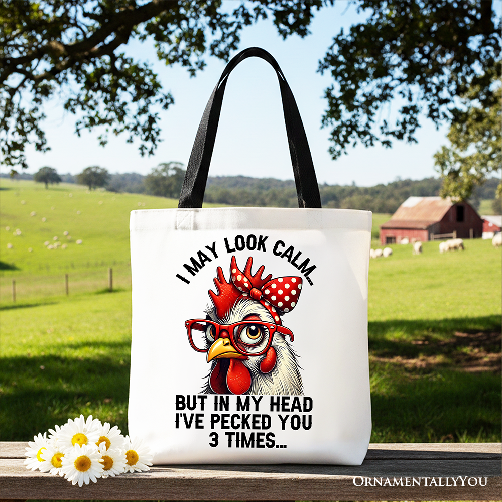 Sassy Chicken Tote Bag with Red Glasses and Bow Graphic