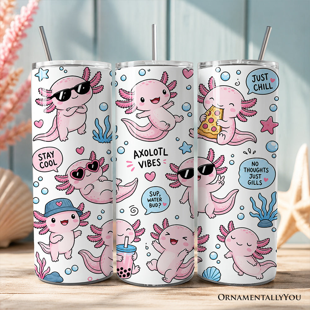 Pink 20oz personalized tumbler with axolotl sea animal pattern and stainless steel straw
