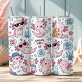 Pink 20oz personalized tumbler with axolotl sea animal pattern and stainless steel straw