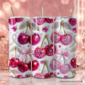 Pink 20oz personalized tumbler with rhinestone cherry and bow design and stainless steel straw