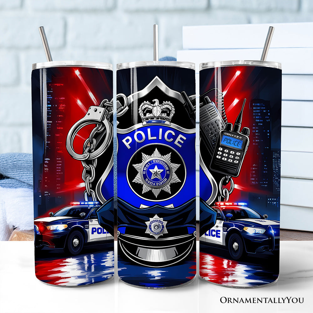 Personalized 20oz stainless steel travel tumbler featuring police badge and patrol car graphic