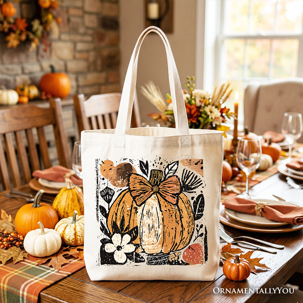 Pumpkin Fall Floral Tote Bag, Thanksgiving Coquette Bow Shopper