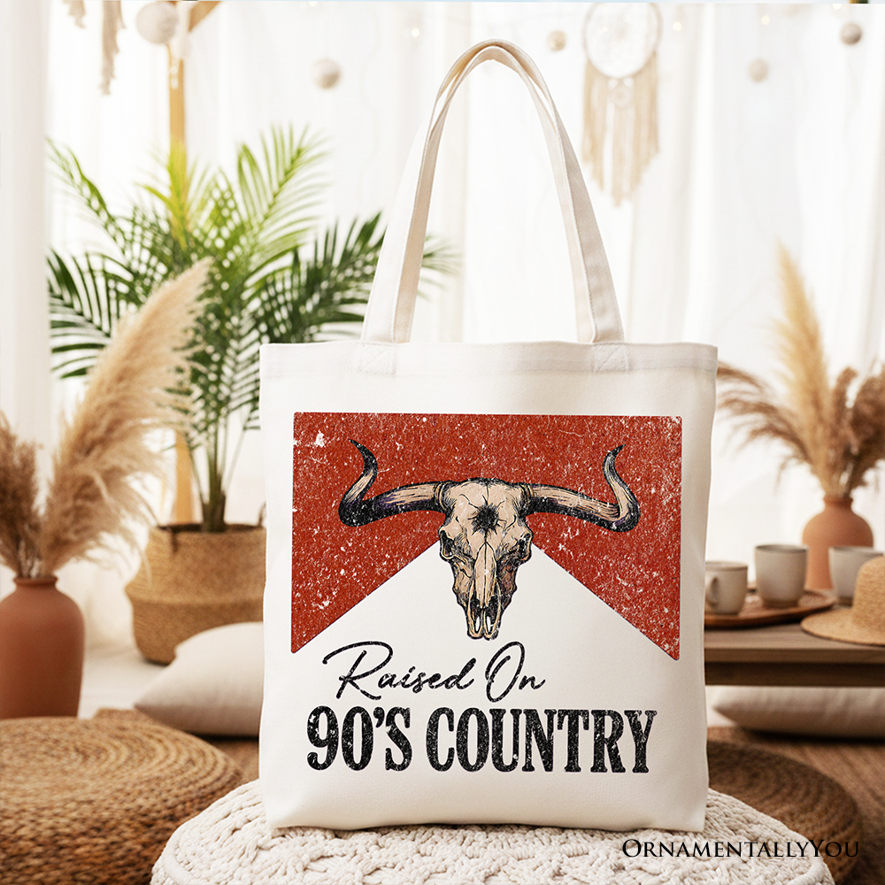 Raised On 90s Country Tote Bag, Vintage Bull Skull Shopper