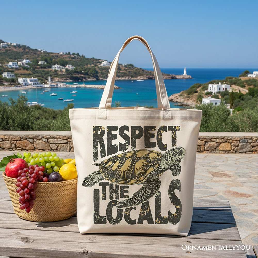 Respect the Locals Sea Turtle Canvas Tote Bag, Coastal Beach Tote