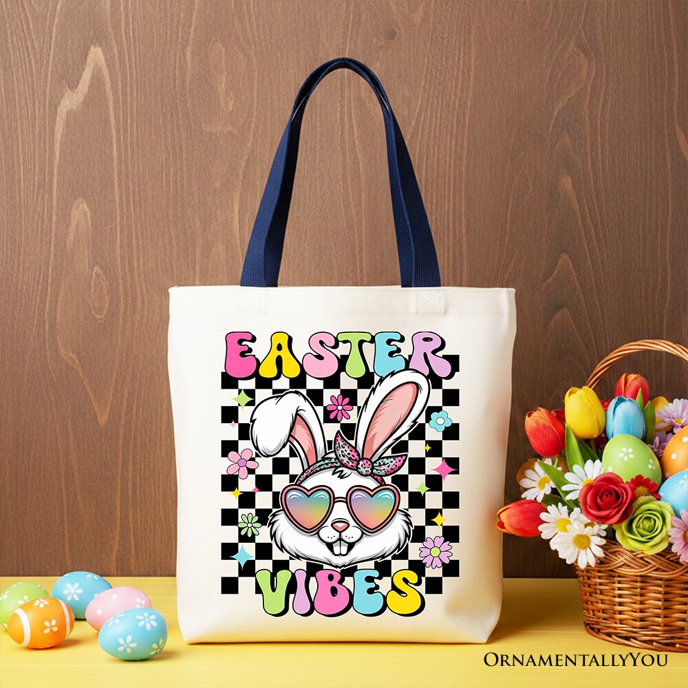 Retro Easter Bunny Sunglasses Tote Bag, Colorful Checkered Shopper