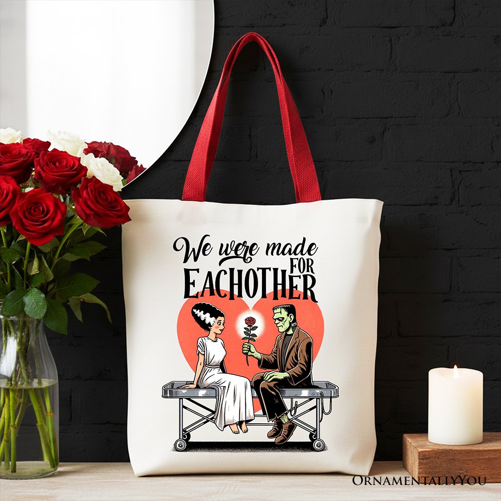 Frankenstein and Bride Cotton Tote Bag - Spooky Romantic Gift