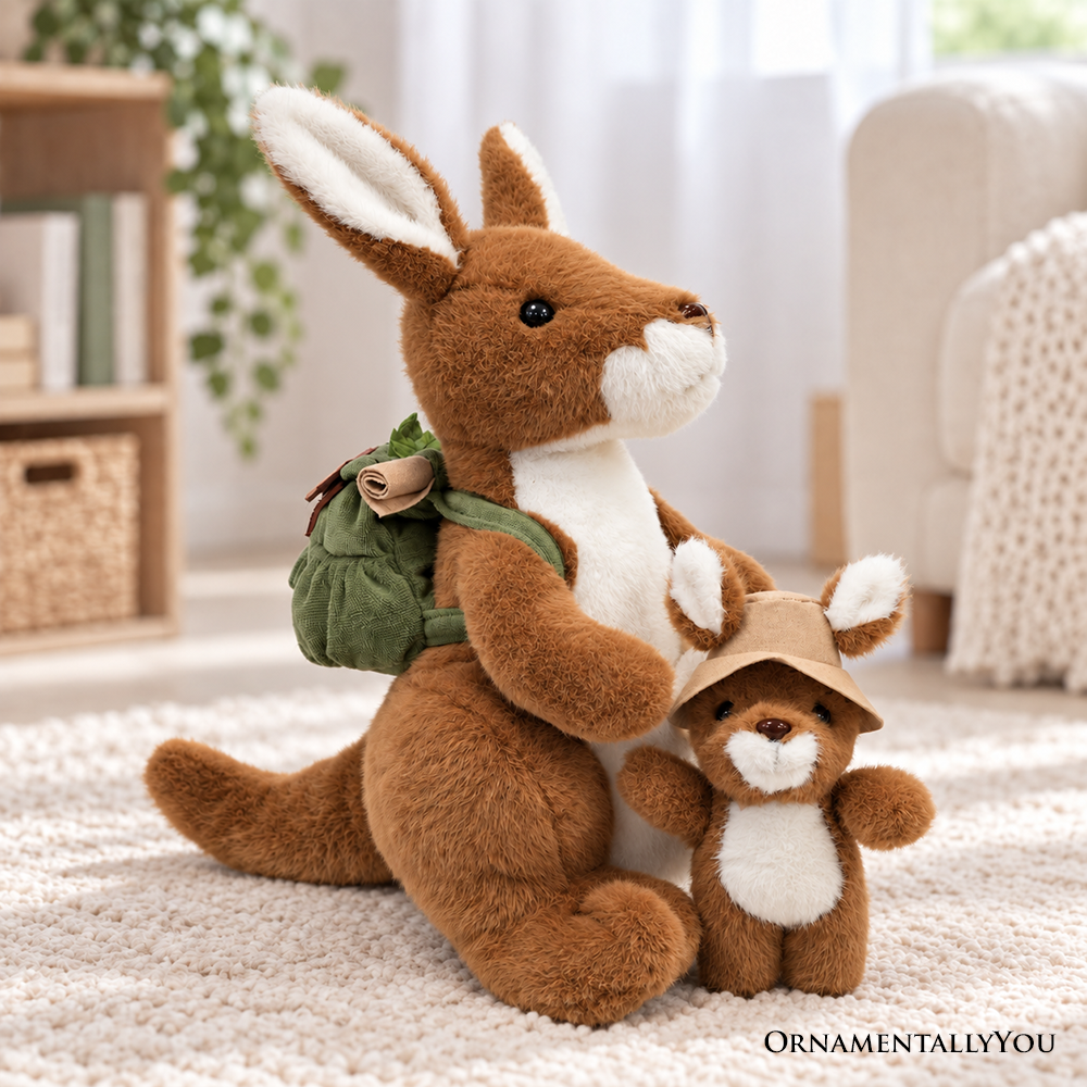 Roo & Joey Kangaroo Plushie, Adorable 14" Kangaroo with Baby Joey Stuffed Animal and Adventure Backpack