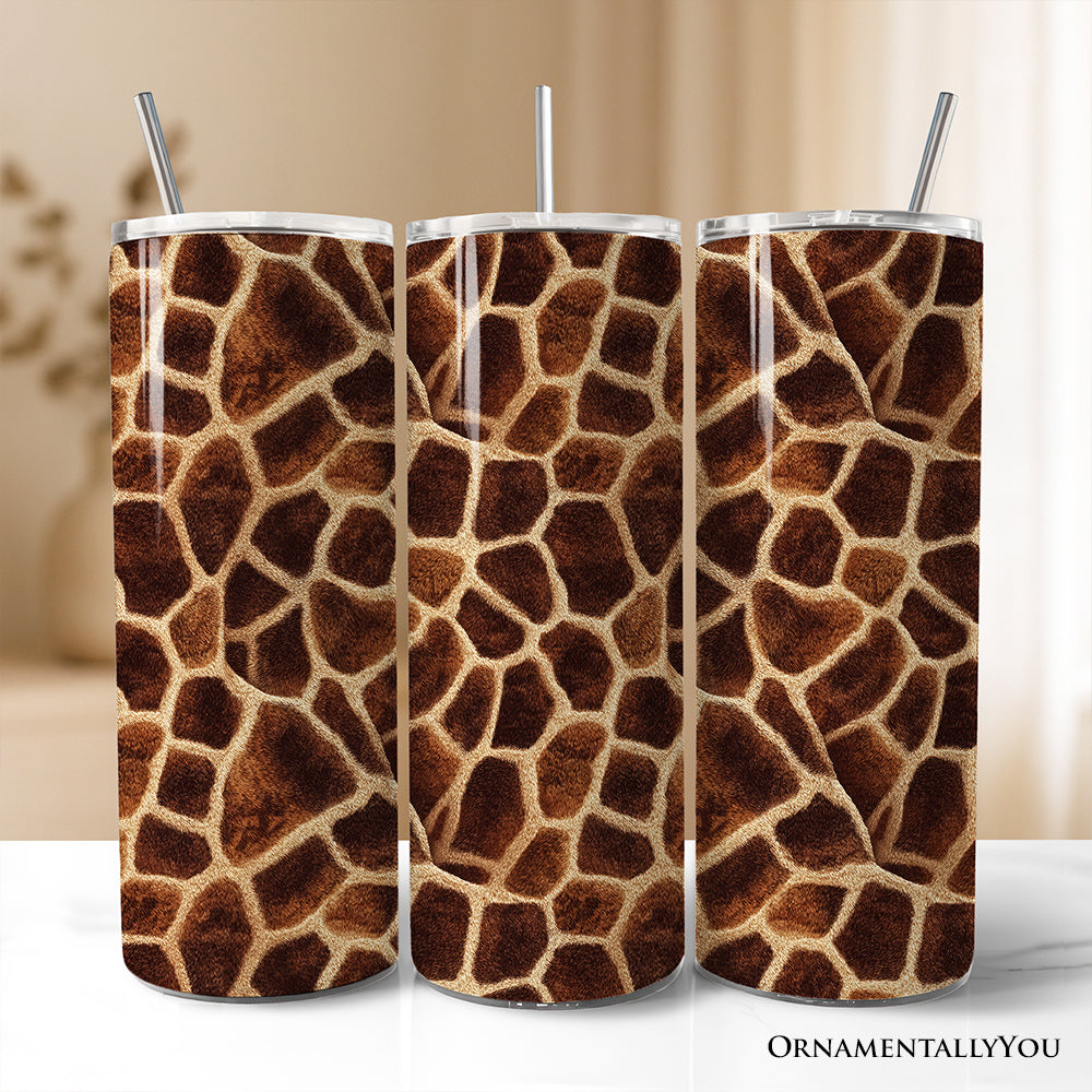 Personalized 20oz stainless steel travel tumbler with safari giraffe print pattern