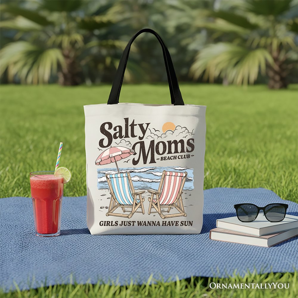 Salty Moms Beach Club Canvas Tote Bag, Retro Summer Shopper