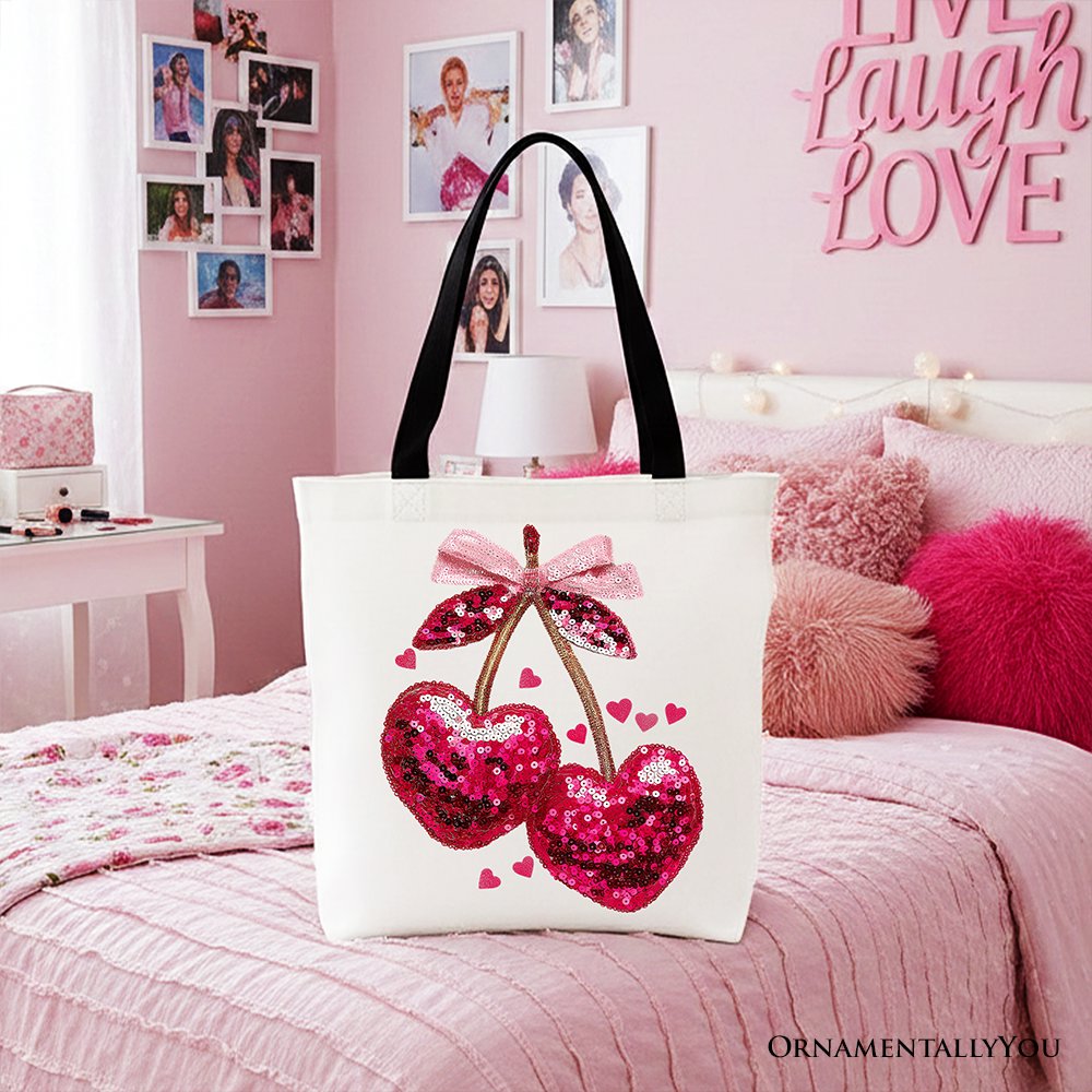Sequin Pink Cherry Heart Canvas Tote Bag Coquette Gift