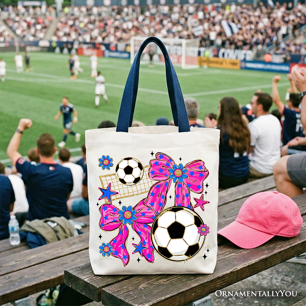 Soccer Coquette Pink Bow Tote Bag, Preppy Game Day Shopper