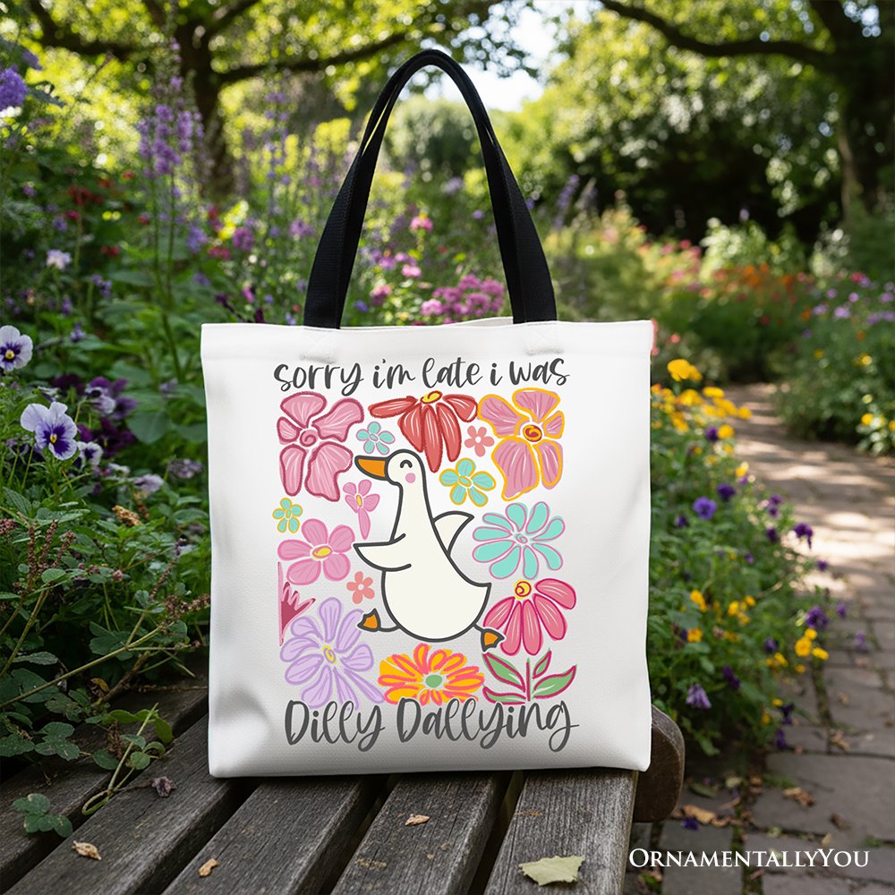 Dilly Dallying Goose Floral Canvas Tote Bag, Whimsical Gift