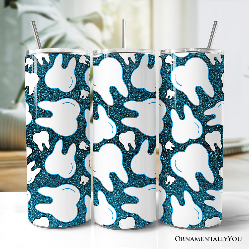 20oz stainless steel travel tumbler with sparkly blue tooth pattern and straw