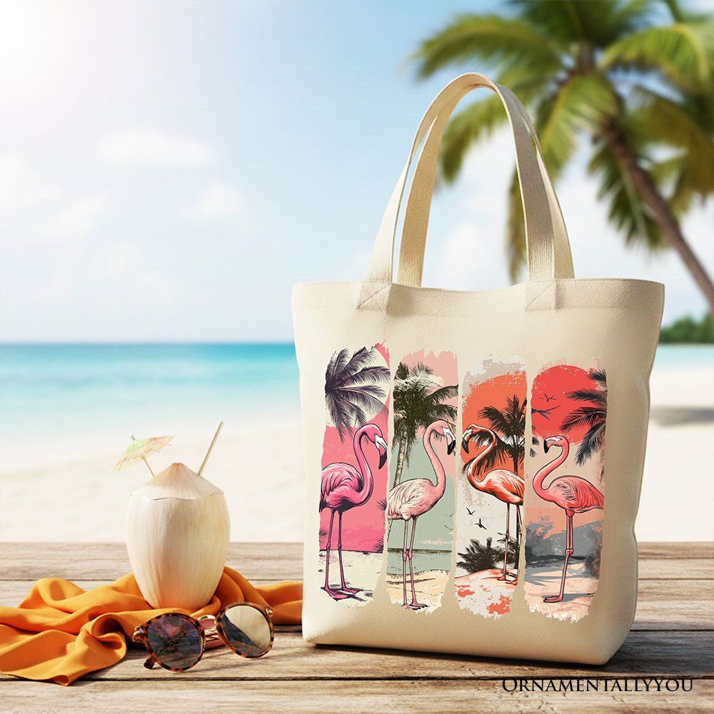 Summer Flamingo Beach Tote Bag, Tropical Sunset Retro Shopper