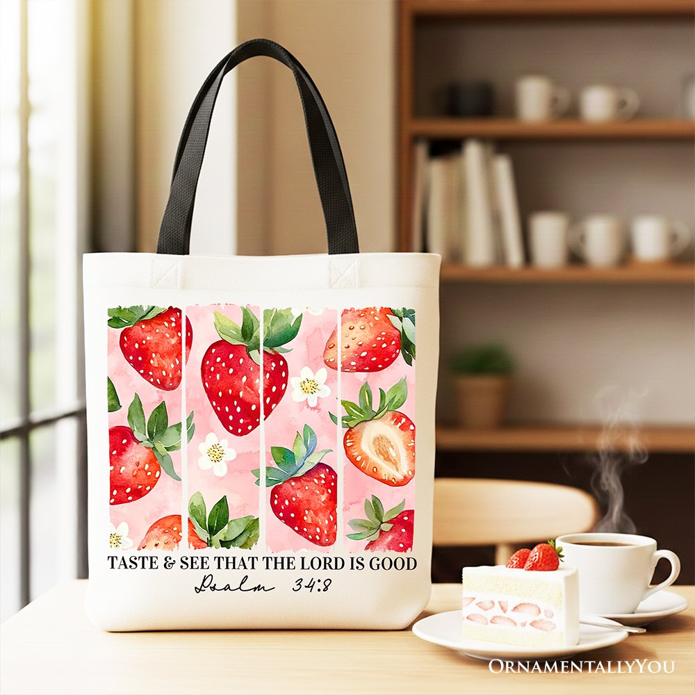 Taste and See Christian Faith Canvas Tote - Pink Strawberry Shopper