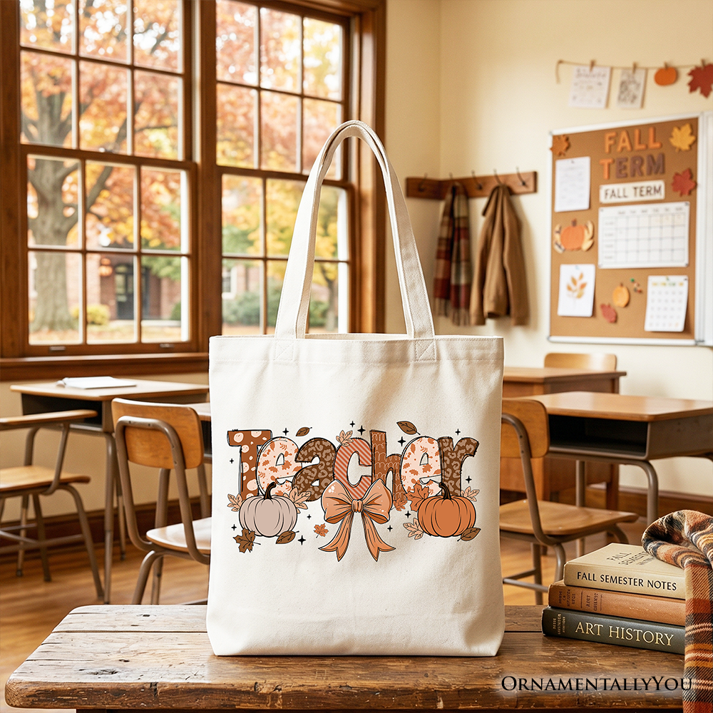 Teacher Coquette Autumn Tote Bag, Cozy Fall Pumpkin Gift