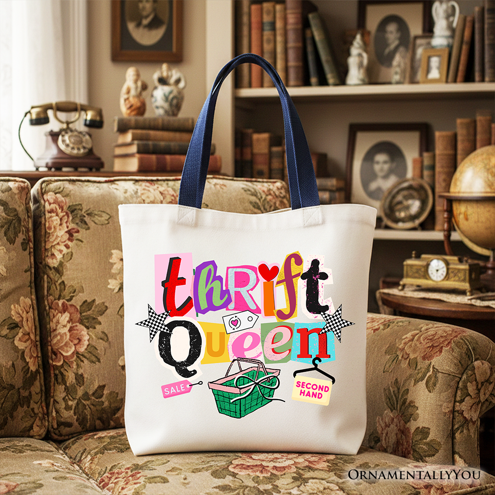 Thrift Queen Tote Bag Retro Colorful Second Hand Cotton Shopper