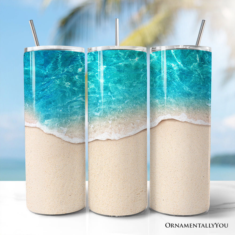 20oz stainless steel travel tumbler with turquoise ocean shore design and straw