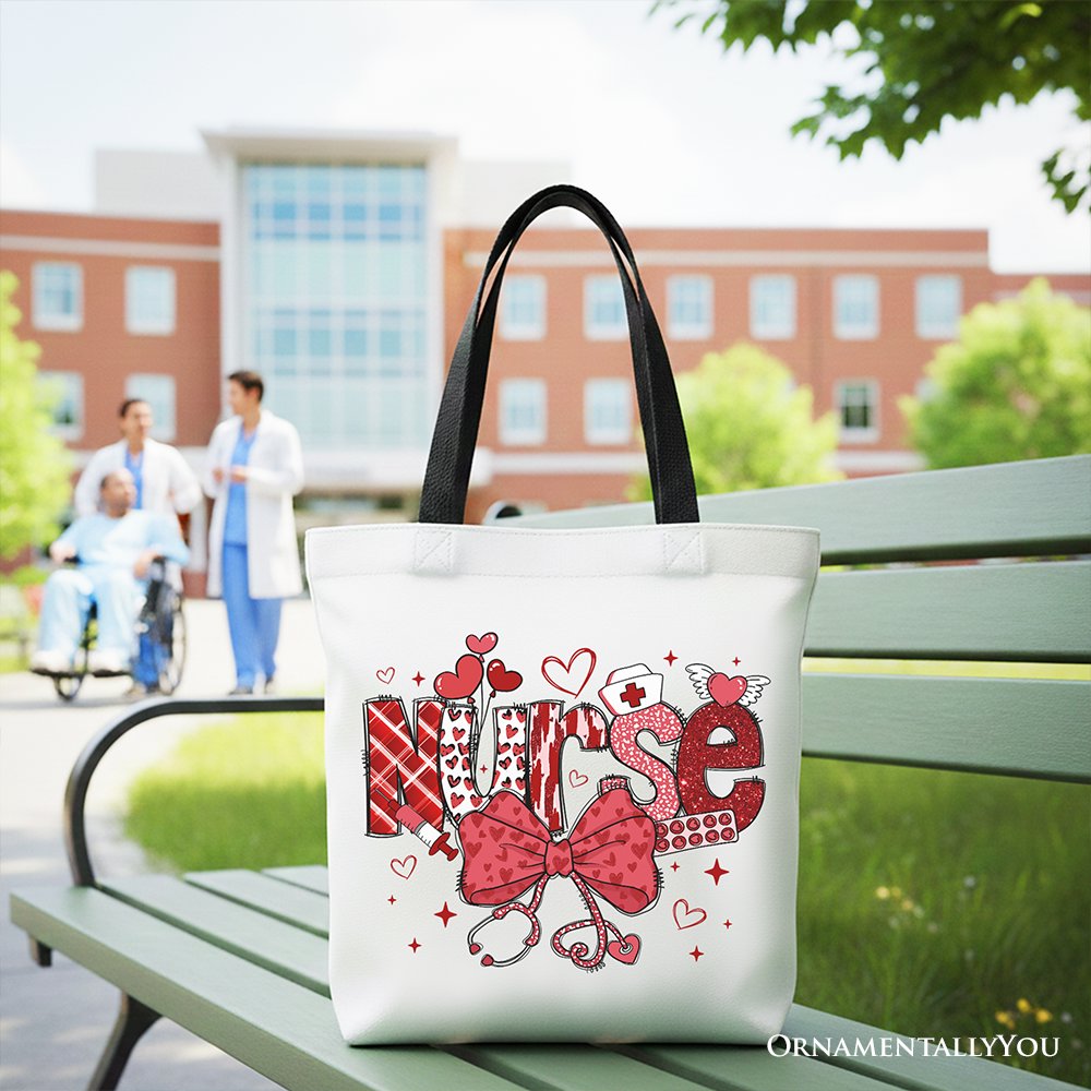 Valentine Nurse Coquette Bow Canvas Tote Bag, Romantic Work Shopper