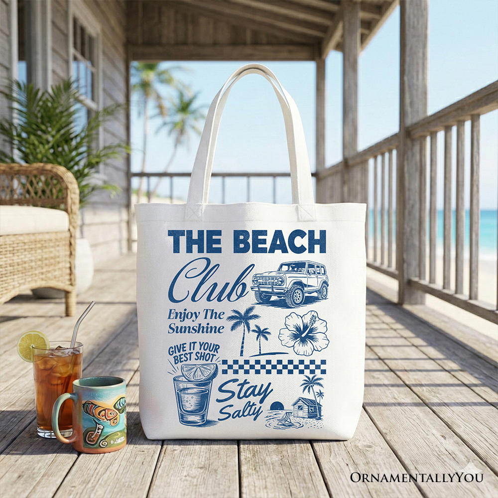 Vintage Coastal Summer Tote Bag, Navy Blue Beach Club Shopper