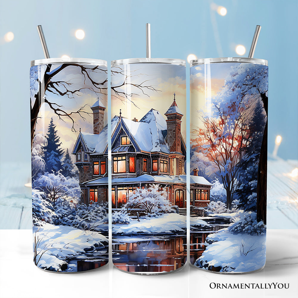 20oz stainless steel tumbler featuring a watercolor snowy Victorian mansion illustration with a matching straw.