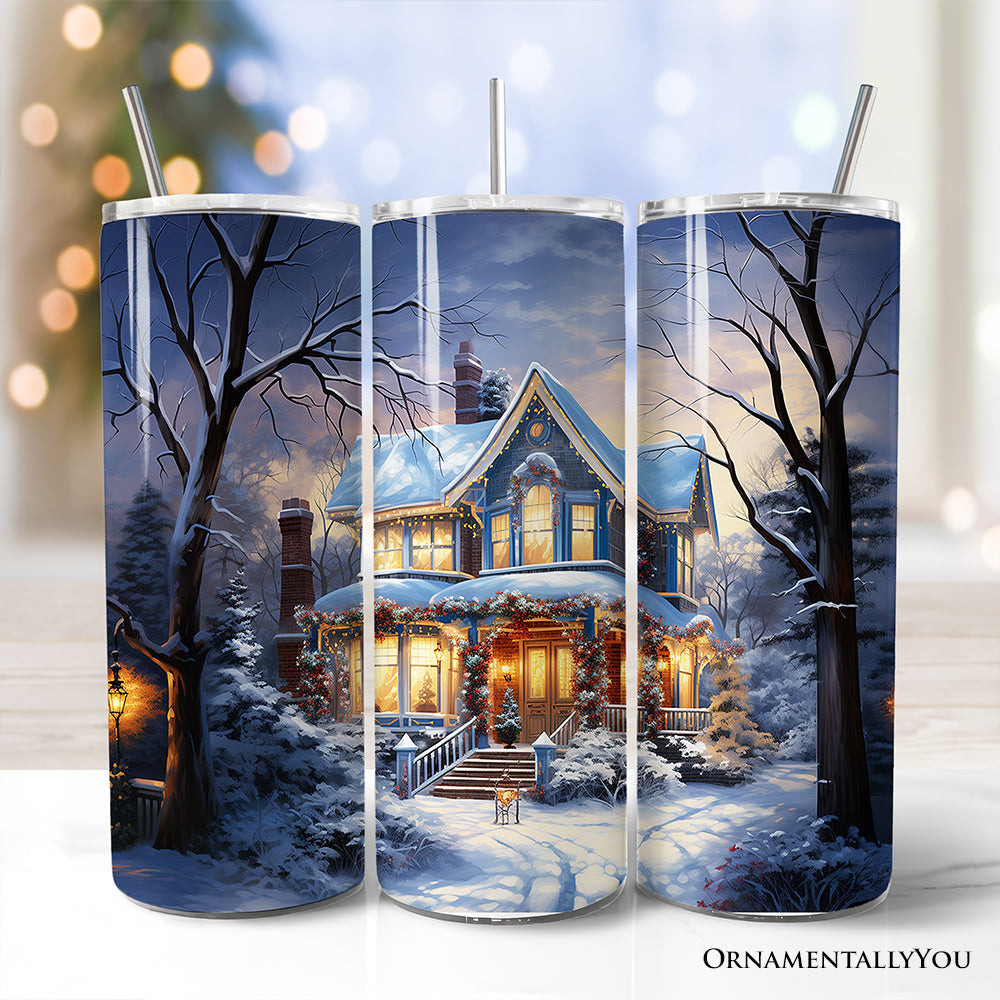 Watercolor Christmas cottage painting on a 20oz stainless steel travel tumbler with straw
