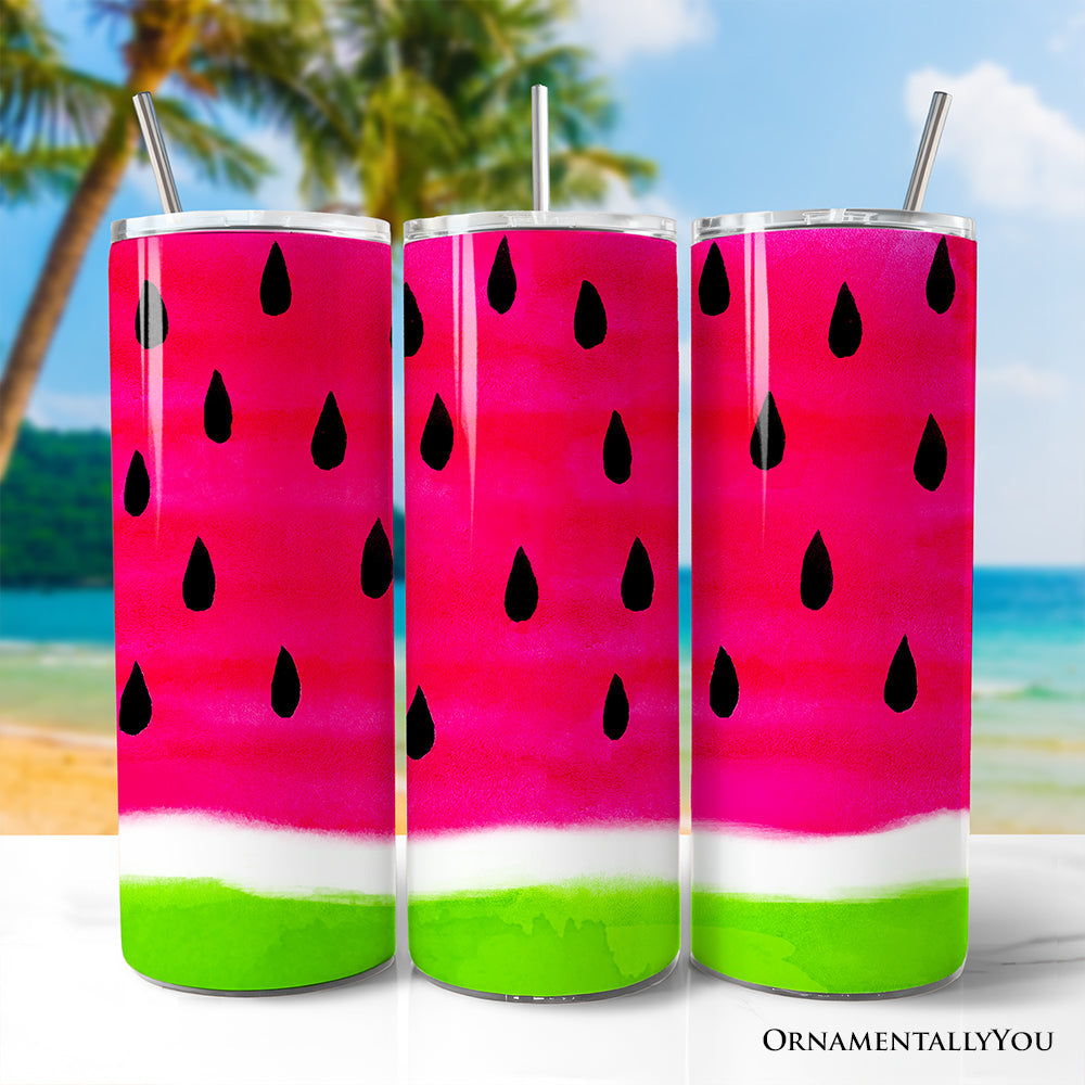 Bright watermelon slice pattern on a 20oz stainless steel travel tumbler with straw