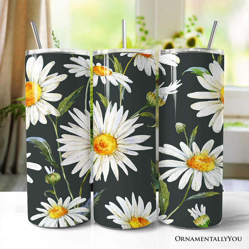 20oz stainless steel travel tumbler with white daisy floral pattern and straw