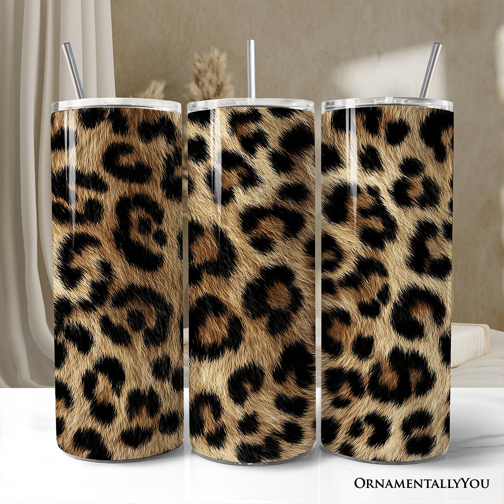 Modern 20oz stainless steel tumbler with a brown, black, and tan leopard print pattern, includes a stainless steel straw.