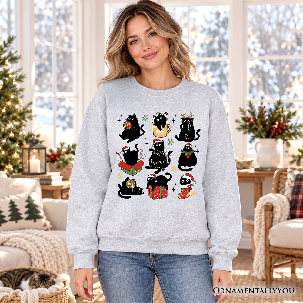 Christmas Black Cats Sweatshirt, Whimsical Cats with Santa Hat Sweater