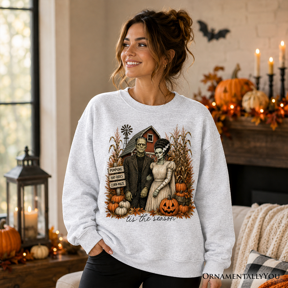 Frankenstein Couple Pumpkin Patch Sweatshirt, Vintage Halloween Fall Festival Sweater