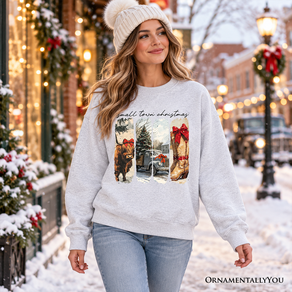 Small Town Christmas Sweatshirt, Highland Cow Rustic Western Cowgirl Holiday Sweater